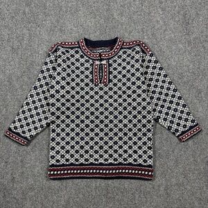 Vintage Fair Isle Wool Sweater w Pewter Hooks Blue Red Womens Size Small 0434